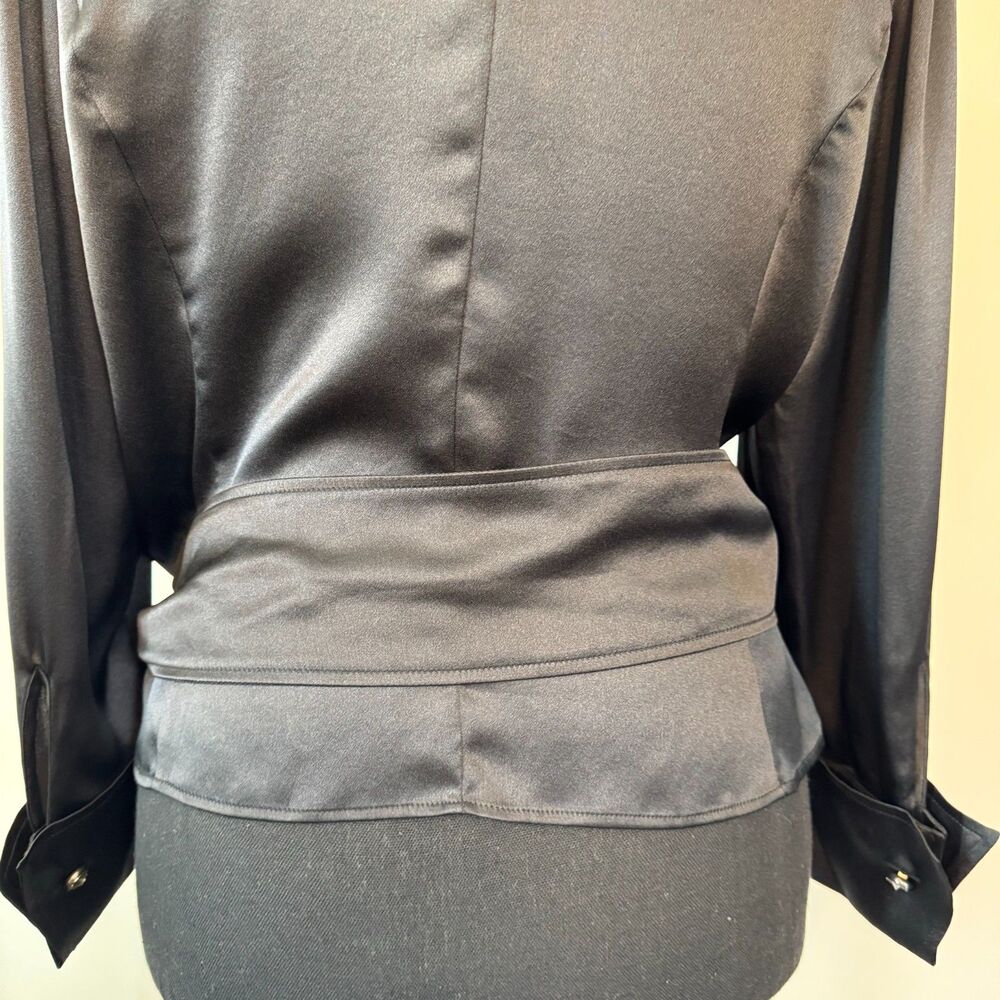 Escada 100% Silk Black Wrap Around Blouse with Crystal Button Cuff Size 8 - Picture 6 of 7